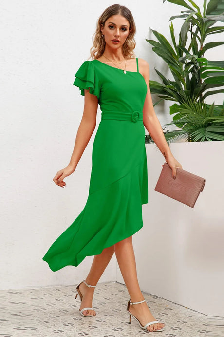 Ruffled Asymmetrical Neck Flutter Sleeve Dress - V.I.P Digital Presence