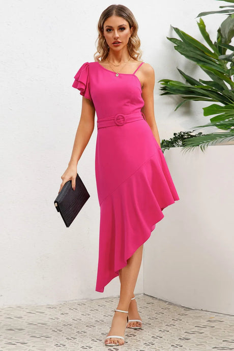 Ruffled Asymmetrical Neck Flutter Sleeve Dress - V.I.P Digital Presence