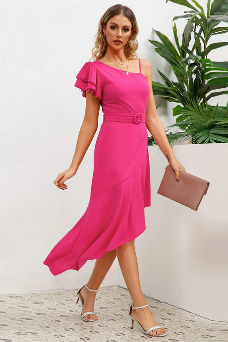 Ruffled Asymmetrical Neck Flutter Sleeve Dress - V.I.P Digital Presence