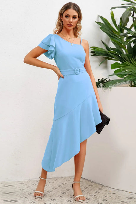 Ruffled Asymmetrical Neck Flutter Sleeve Dress - V.I.P Digital Presence