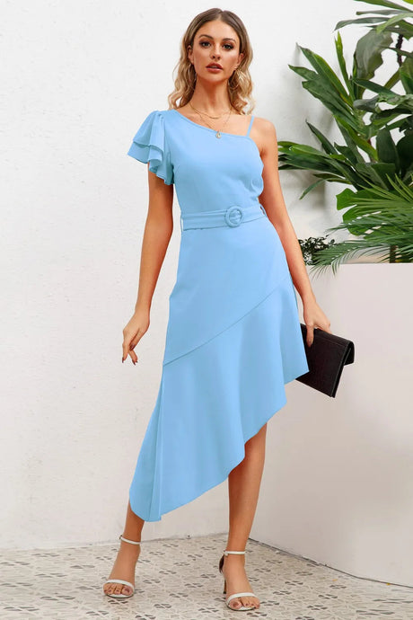 Ruffled Asymmetrical Neck Flutter Sleeve Dress - V.I.P Digital Presence