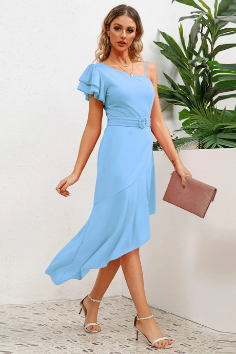 Ruffled Asymmetrical Neck Flutter Sleeve Dress - V.I.P Digital Presence