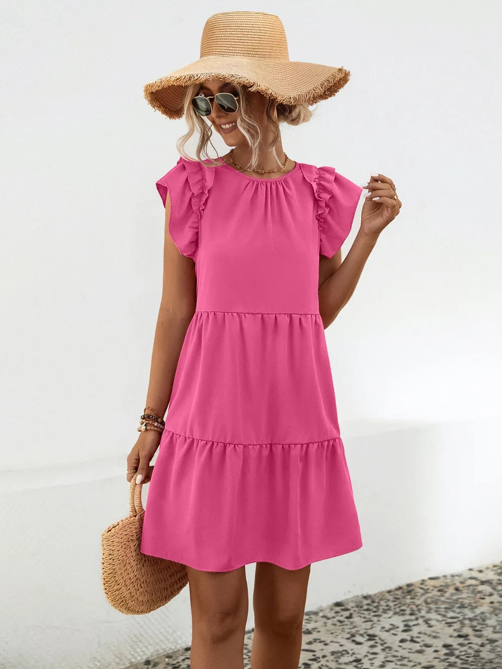 Ruffled Round Neck Cap Sleeve Mini Dress - V.I.P Digital Presence