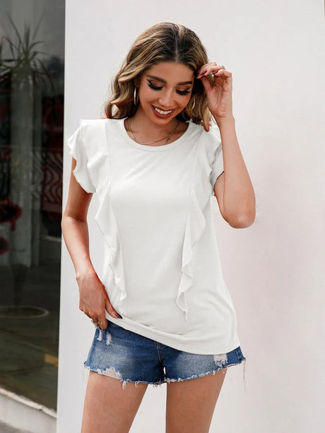 Ruffled Round Neck Cap Sleeve T-Shirt - V.I.P Digital Presence
