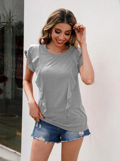 Ruffled Round Neck Cap Sleeve T-Shirt - V.I.P Digital Presence