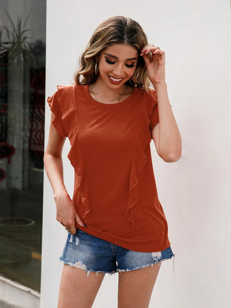 Ruffled Round Neck Cap Sleeve T-Shirt - V.I.P Digital Presence