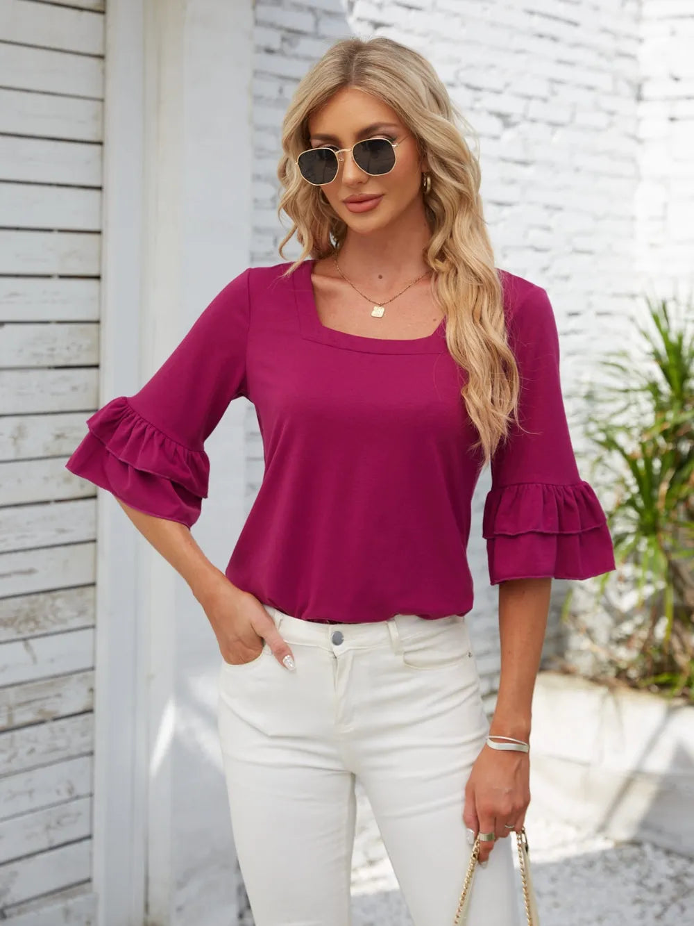 Ruffled Suqare Neck Half Sleeve Blouse - V.I.P Digital Presence