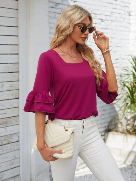 Ruffled Suqare Neck Half Sleeve Blouse - V.I.P Digital Presence
