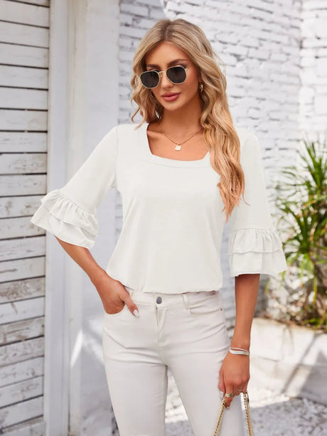 Ruffled Suqare Neck Half Sleeve Blouse - V.I.P Digital Presence