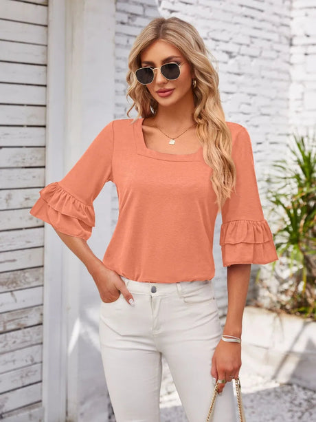 Ruffled Suqare Neck Half Sleeve Blouse - V.I.P Digital Presence