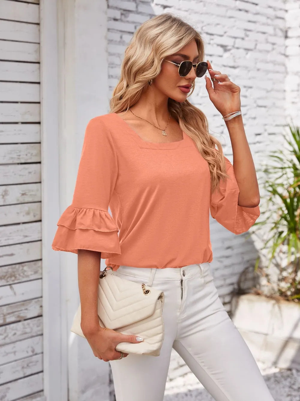 Ruffled Suqare Neck Half Sleeve Blouse - V.I.P Digital Presence