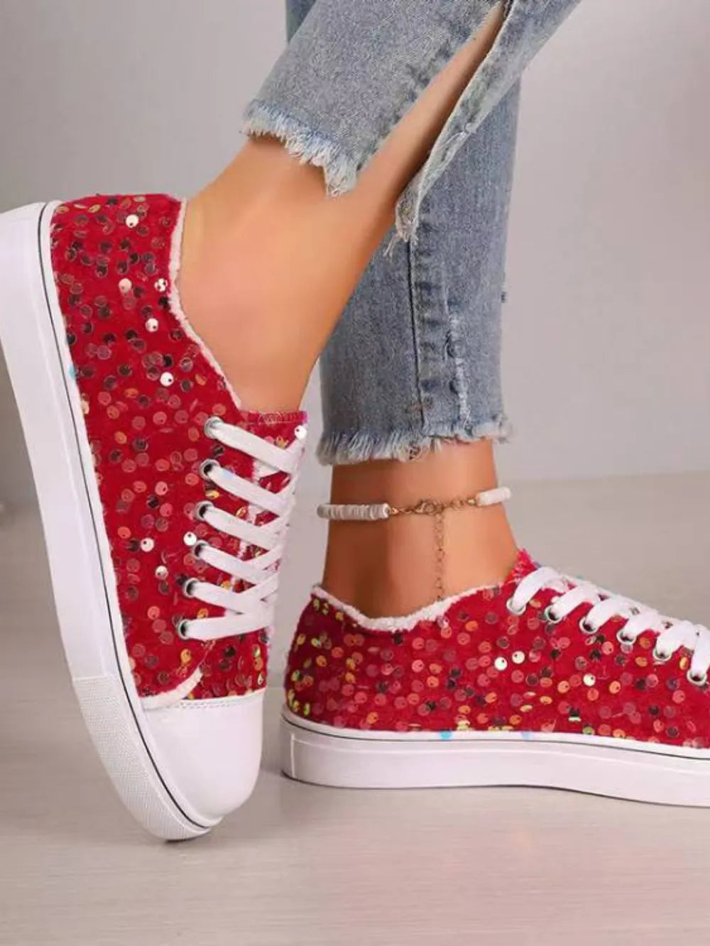 Sequin Round Toe Flat Sneakers - V.I.P Digital Presence