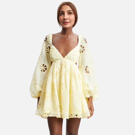Sexy deep V-neck bubble sleeve solid color short skirt with hollowed out backless design dress for women - V.I.P Digital Presence