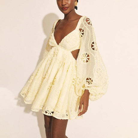 Sexy deep V-neck bubble sleeve solid color short skirt with hollowed out backless design dress for women - V.I.P Digital Presence
