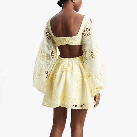 Sexy deep V-neck bubble sleeve solid color short skirt with hollowed out backless design dress for women - V.I.P Digital Presence
