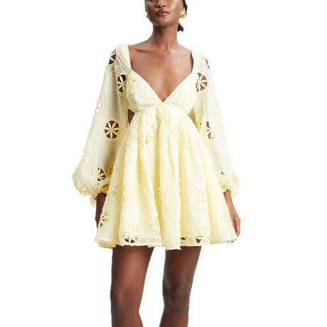 Sexy deep V-neck bubble sleeve solid color short skirt with hollowed out backless design dress for women - V.I.P Digital Presence