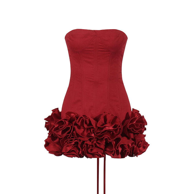 Sexy European and American style dress with strapless shoulder and fashionable three-dimensional flower splicing short dress - V.I.P Digital Presence