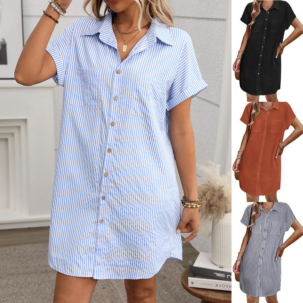 Short sleeved striped dress mid length shirt for women - V.I.P Digital Presence