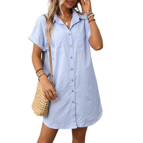 Short sleeved striped dress mid length shirt for women - V.I.P Digital Presence