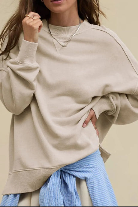 Side Slit Round Neck Long Sleeve Sweatshirt - V.I.P Digital Presence