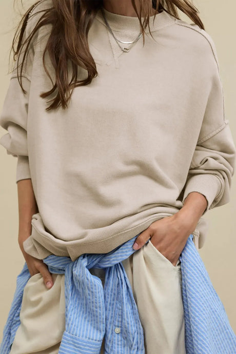 Side Slit Round Neck Long Sleeve Sweatshirt - V.I.P Digital Presence