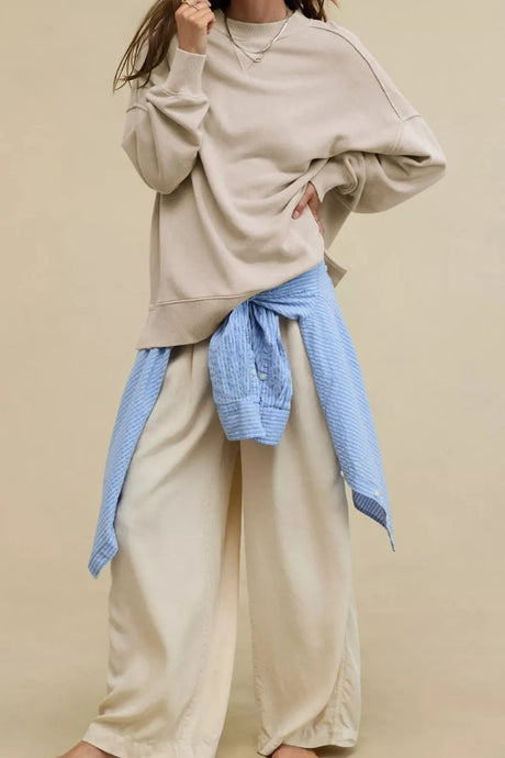 Side Slit Round Neck Long Sleeve Sweatshirt - V.I.P Digital Presence