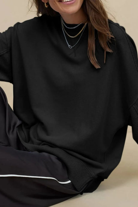 Side Slit Round Neck Long Sleeve Sweatshirt - V.I.P Digital Presence