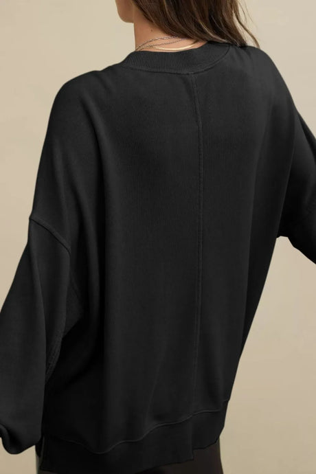 Side Slit Round Neck Long Sleeve Sweatshirt - V.I.P Digital Presence