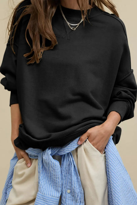 Side Slit Round Neck Long Sleeve Sweatshirt - V.I.P Digital Presence