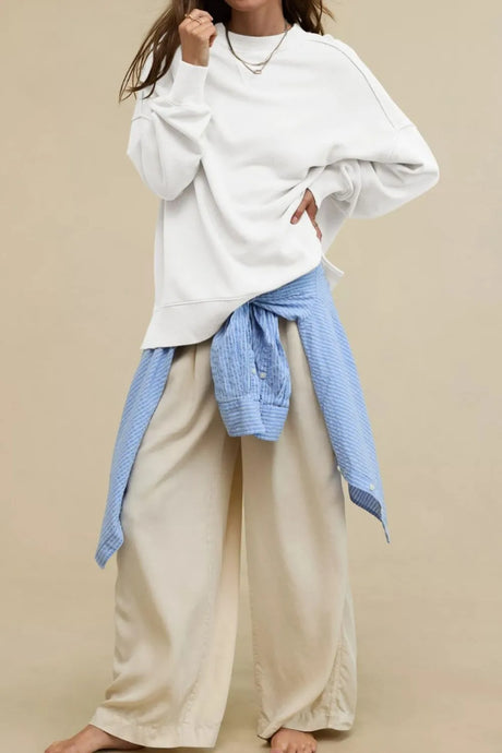 Side Slit Round Neck Long Sleeve Sweatshirt - V.I.P Digital Presence