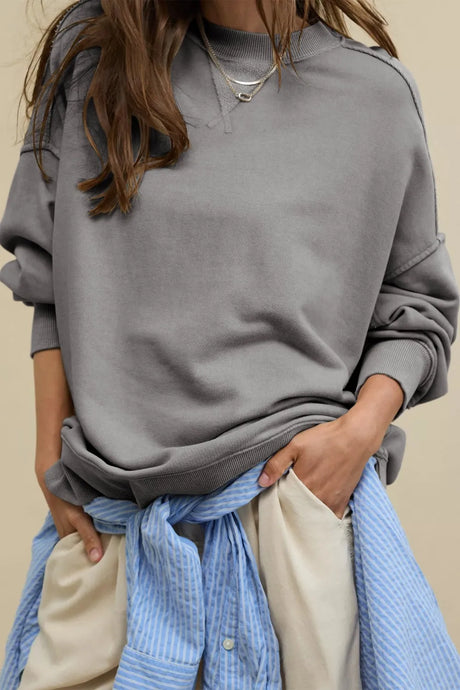 Side Slit Round Neck Long Sleeve Sweatshirt - V.I.P Digital Presence