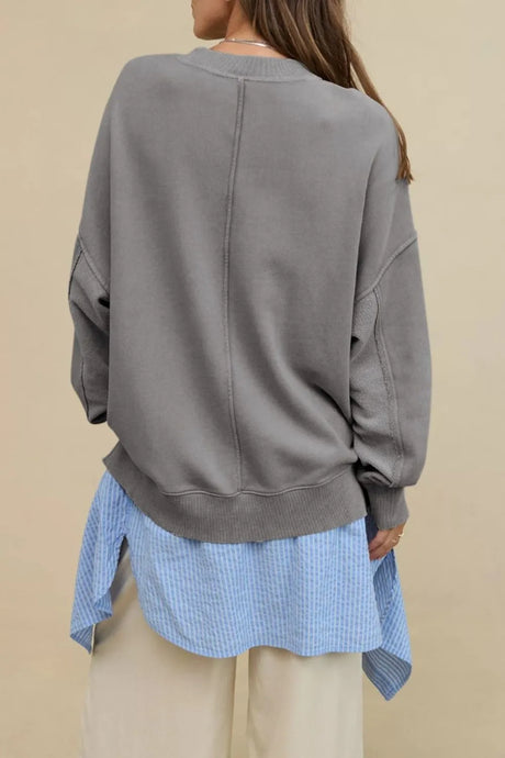 Side Slit Round Neck Long Sleeve Sweatshirt - V.I.P Digital Presence