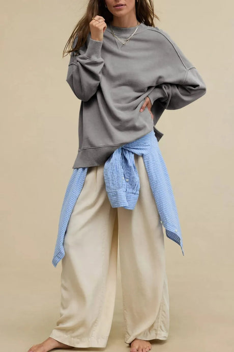 Side Slit Round Neck Long Sleeve Sweatshirt - V.I.P Digital Presence