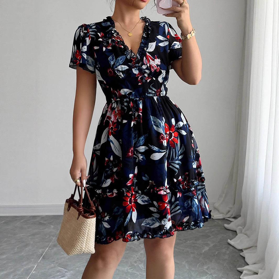 Simple deep V-floral dress dress - V.I.P Digital Presence