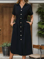 Slit Drawstring Button Up Short Sleeve Midi Dress - V.I.P Digital Presence