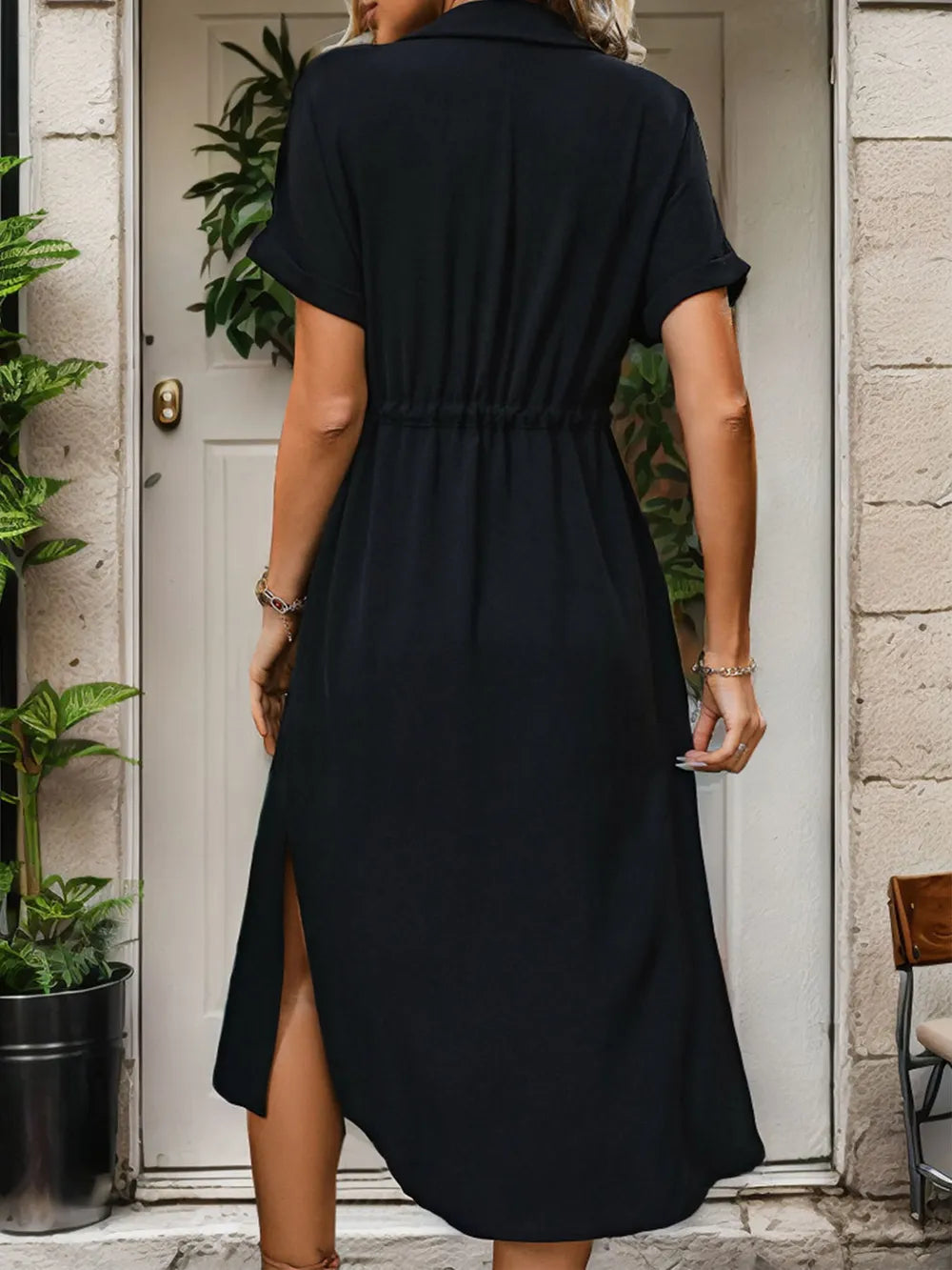 Slit Drawstring Button Up Short Sleeve Midi Dress - V.I.P Digital Presence