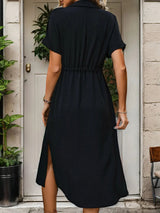 Slit Drawstring Button Up Short Sleeve Midi Dress - V.I.P Digital Presence