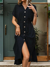 Slit Drawstring Button Up Short Sleeve Midi Dress - V.I.P Digital Presence