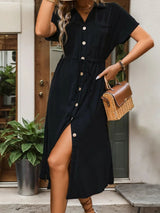 Slit Drawstring Button Up Short Sleeve Midi Dress - V.I.P Digital Presence