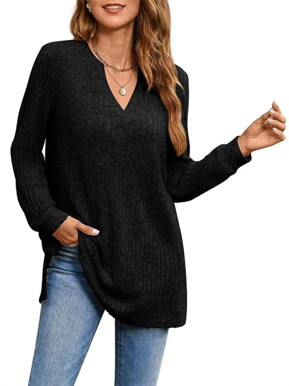 Slit Notched Pocketed Long Sleeve T-Shirt - V.I.P Digital Presence