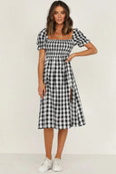 Slit Plaid Short Sleeve Midi Dress - V.I.P Digital Presence