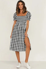 Slit Plaid Short Sleeve Midi Dress - V.I.P Digital Presence