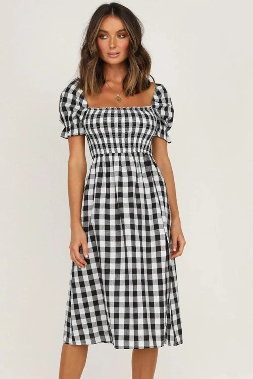 Slit Plaid Short Sleeve Midi Dress - V.I.P Digital Presence