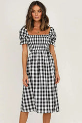 Slit Plaid Short Sleeve Midi Dress - V.I.P Digital Presence