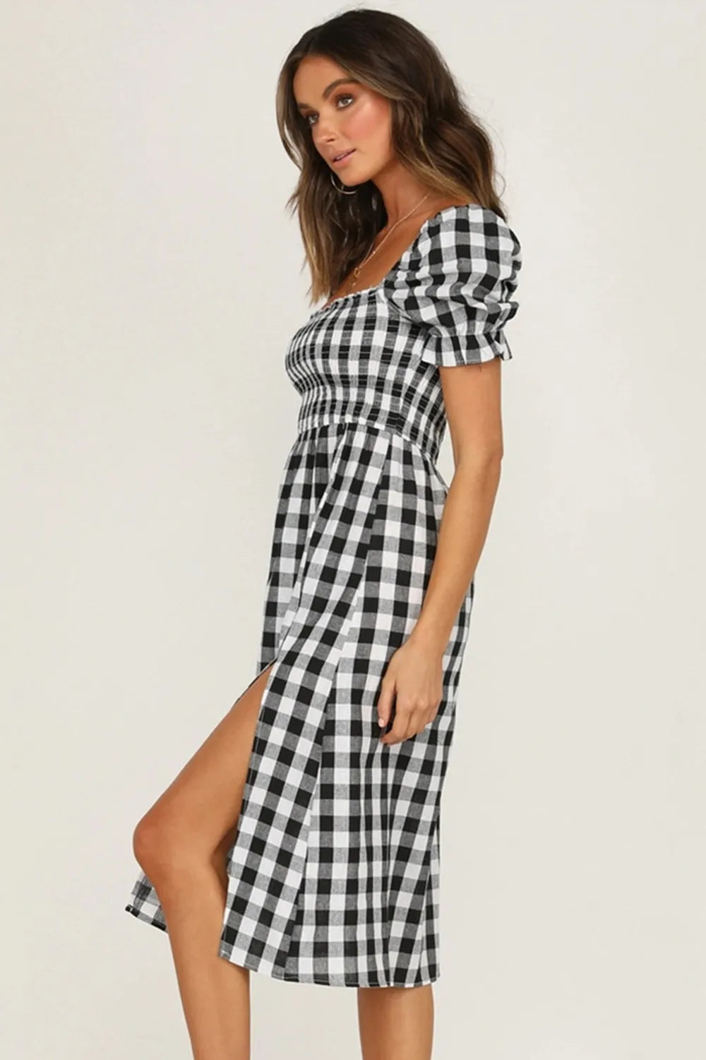 Slit Plaid Short Sleeve Midi Dress - V.I.P Digital Presence