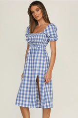 Slit Plaid Short Sleeve Midi Dress - V.I.P Digital Presence