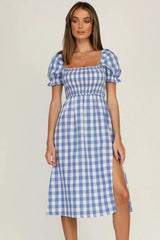 Slit Plaid Short Sleeve Midi Dress - V.I.P Digital Presence
