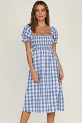 Slit Plaid Short Sleeve Midi Dress - V.I.P Digital Presence