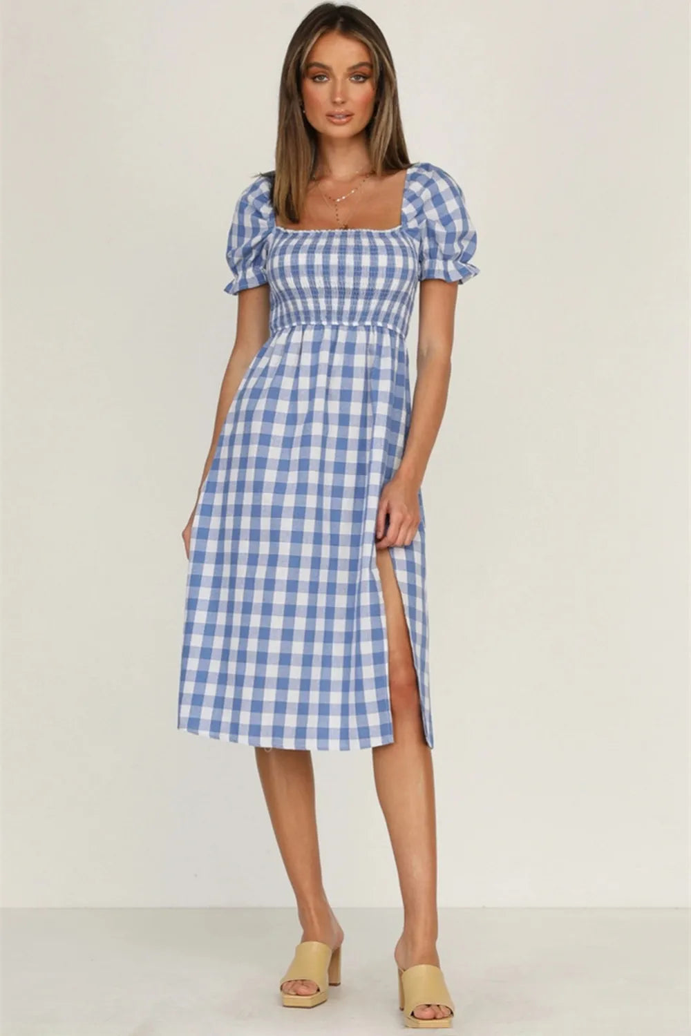 Slit Plaid Short Sleeve Midi Dress - V.I.P Digital Presence