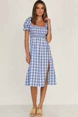 Slit Plaid Short Sleeve Midi Dress - V.I.P Digital Presence